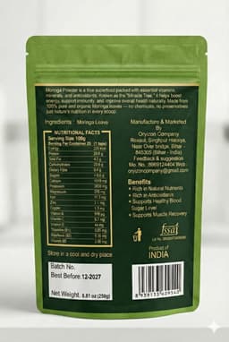 ORYIZON Moringa Powder - Back View with Ingredients